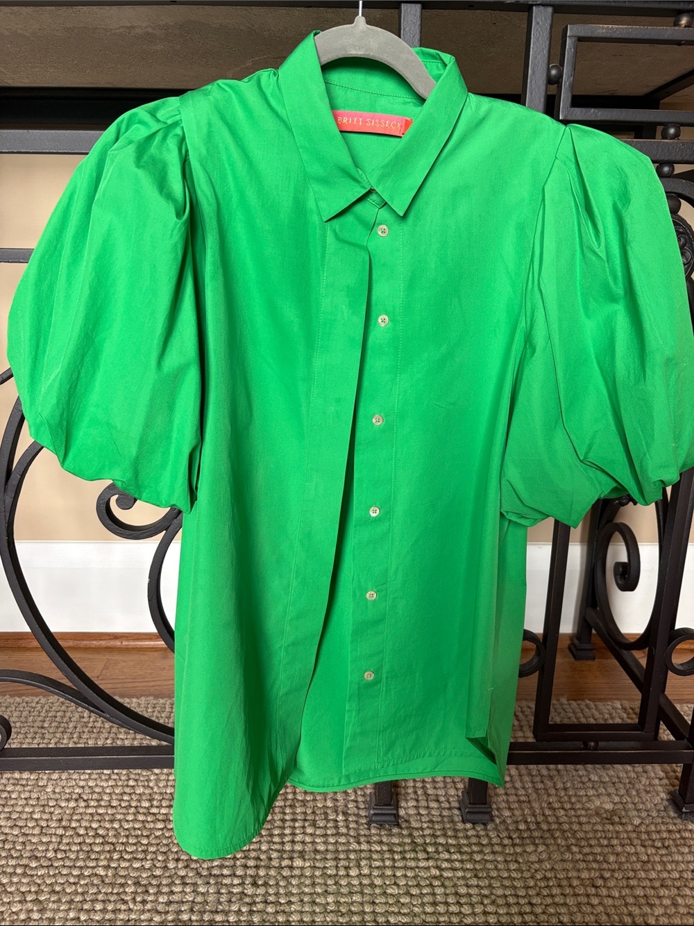 Britt Sisseck Puff -Sleeve Button-Up Blouse in Bright Green